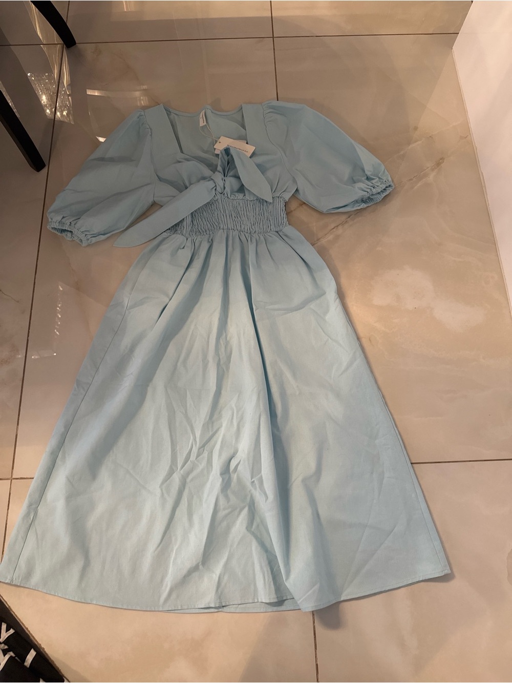 Commense Light Blue Puff Sleeve Maxi Dress with Smocked Waist
